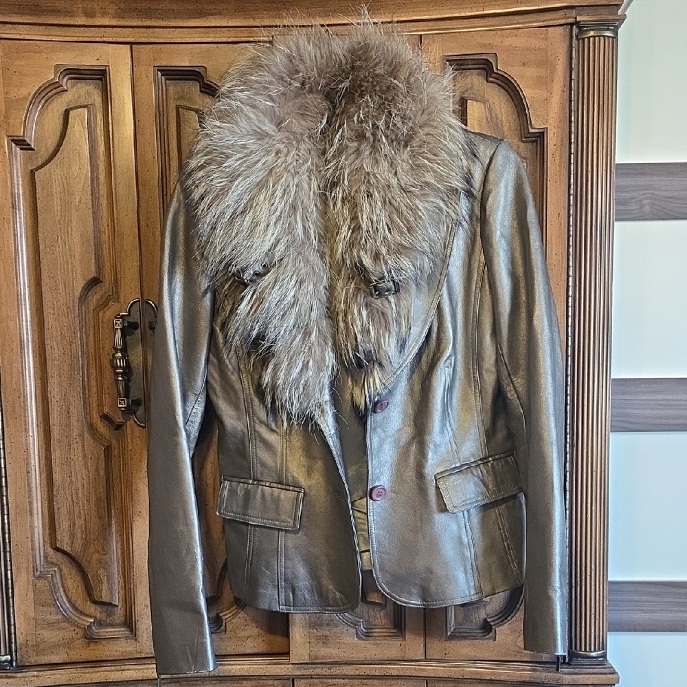 Cache Metallic Brown Blazer with Raccoon Fur Collar